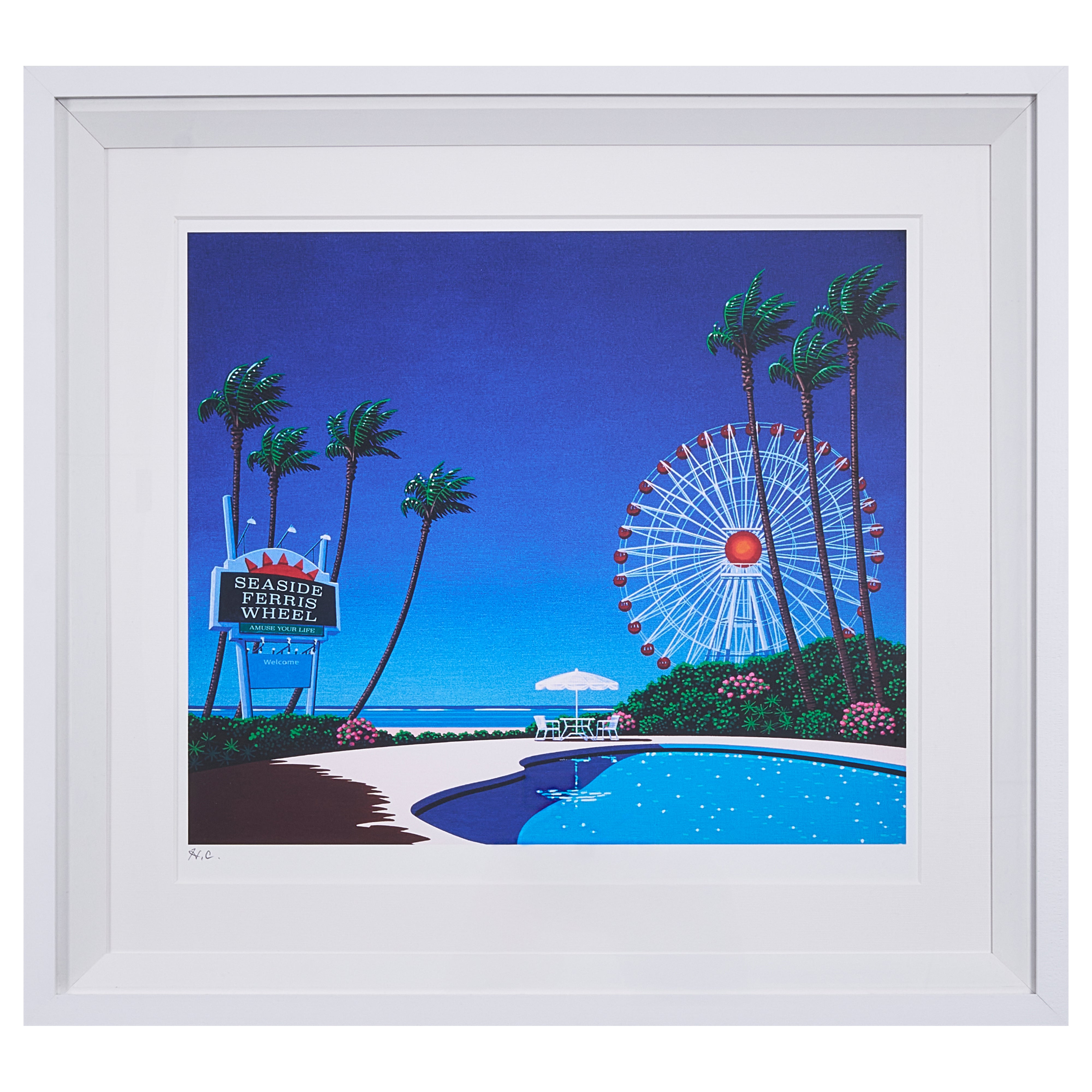 Seaside Ferris wheel 版画額装品 直筆サイン入り / 永井 博